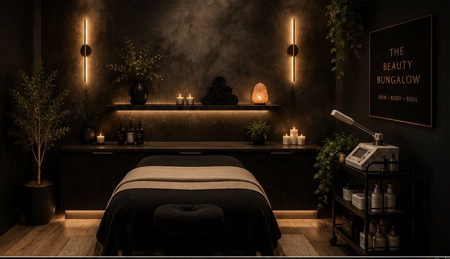 Warm candlelit treatment room at The Beauty Bungalow with brass sconces and trailing greenery